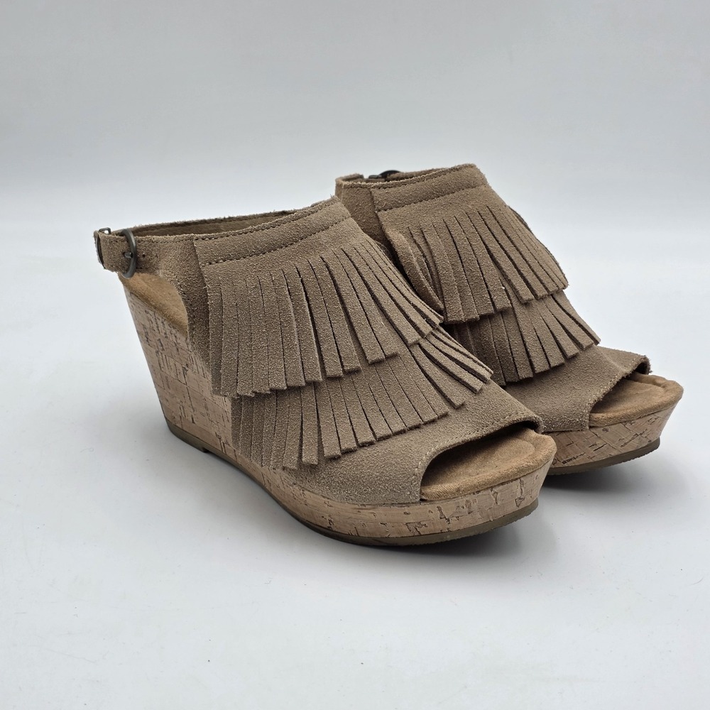Minnetonka Ashley Fringe Espadrille Wedge Sandals US Size 6 M Taupe Brown Boho